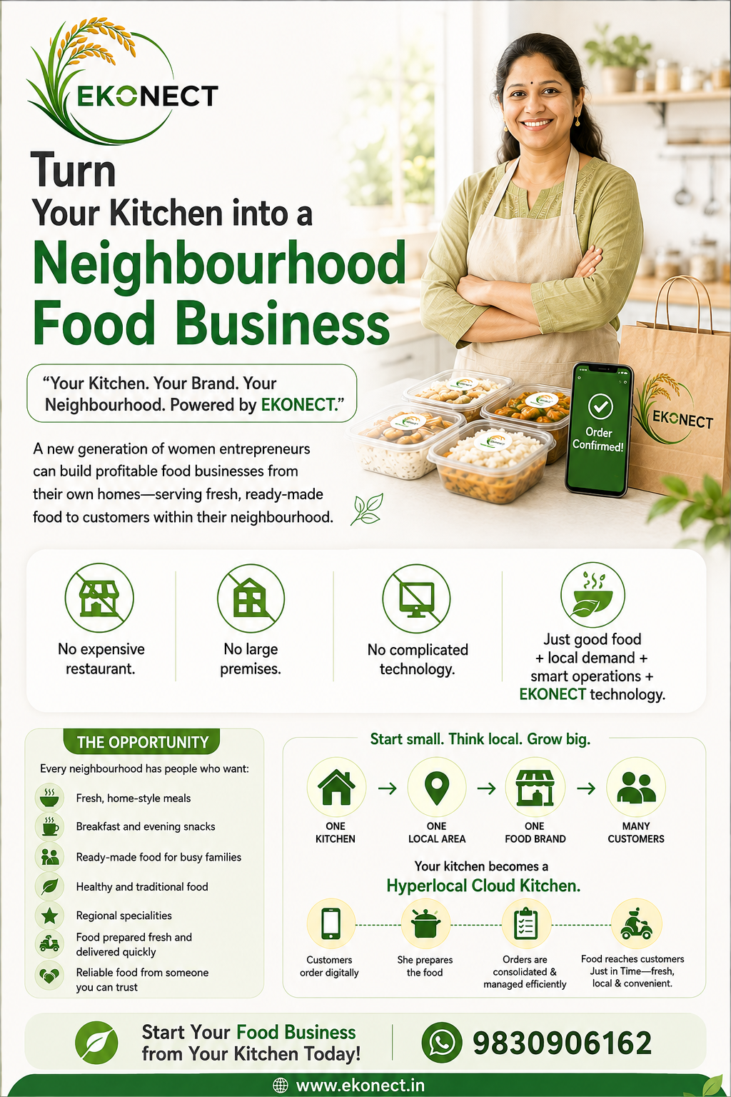 Ekonect women empowerment cloud kitchen programme showing a woman entrepreneur building a neighbourhood food business from her home kitchen