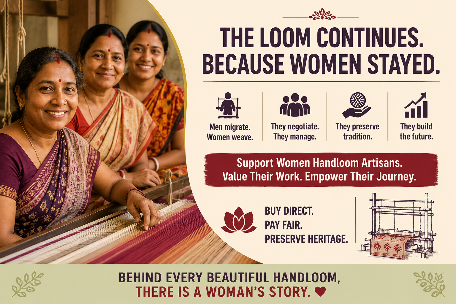 Women handloom artisans at work, highlighting fair value, direct buying and preservation of handloom heritage